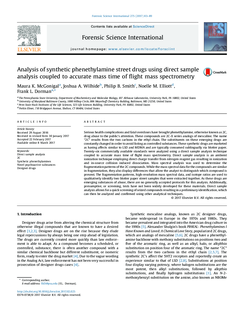 Analysis of synthetic phenethylamine street drugs using direct sample analysis coupled to accurate mass time of flight mass spectrometry