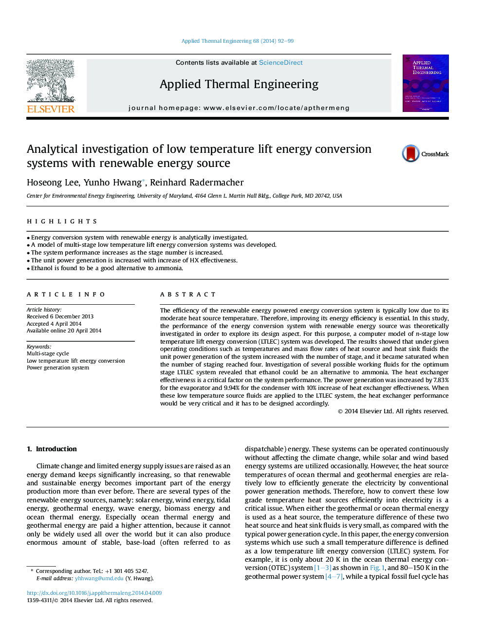 Analytical investigation of low temperature lift energy conversion systems with renewable energy source