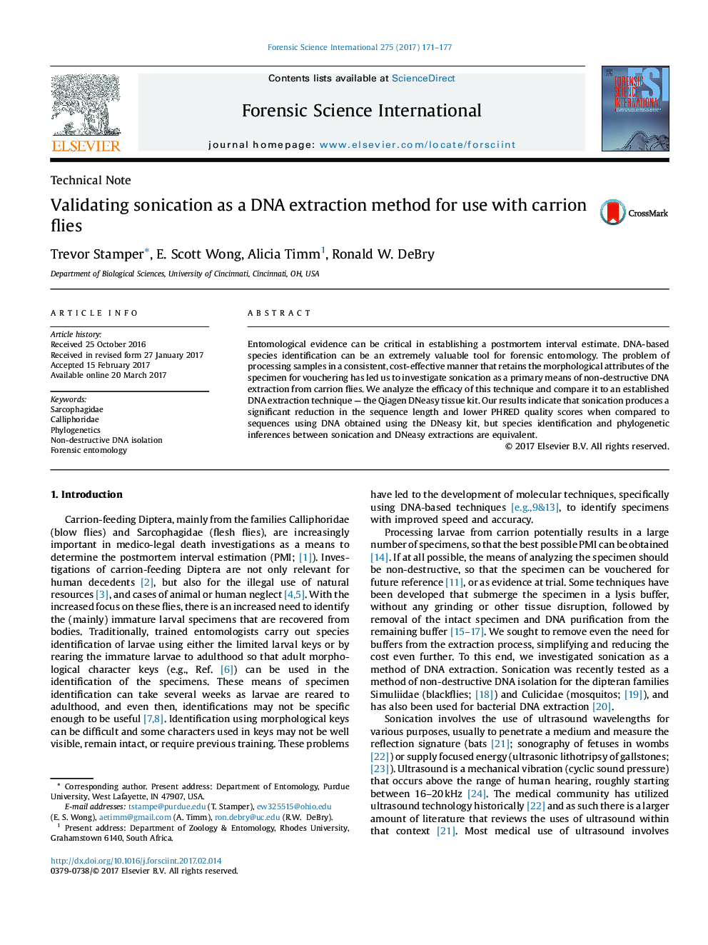 Validating sonication as a DNA extraction method for use with carrion flies