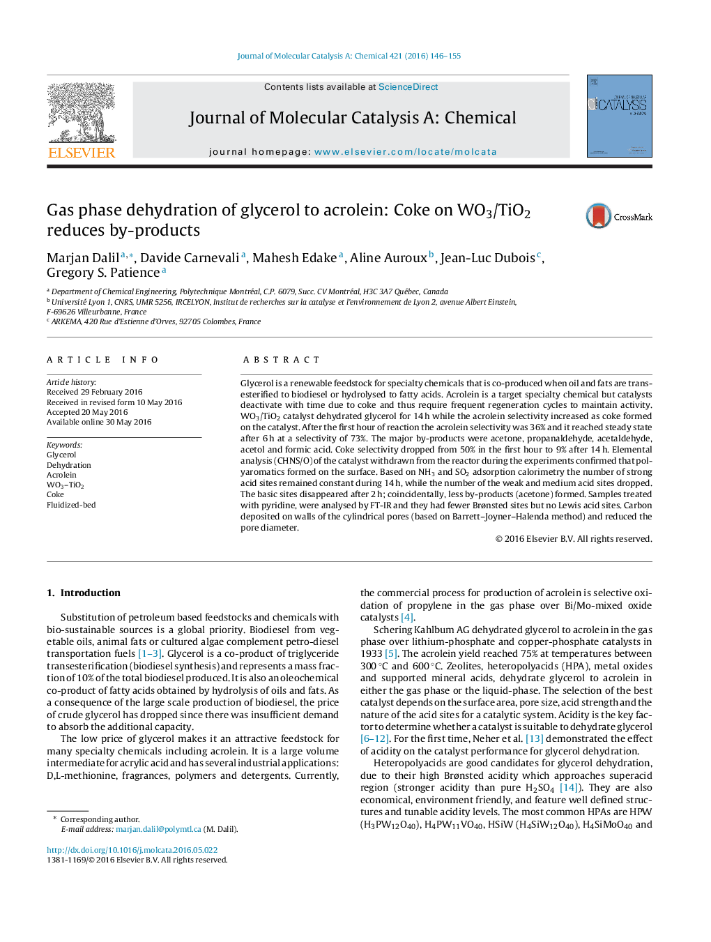 Gas phase dehydration of glycerol to acrolein: Coke on WO3/TiO2 reduces by-products