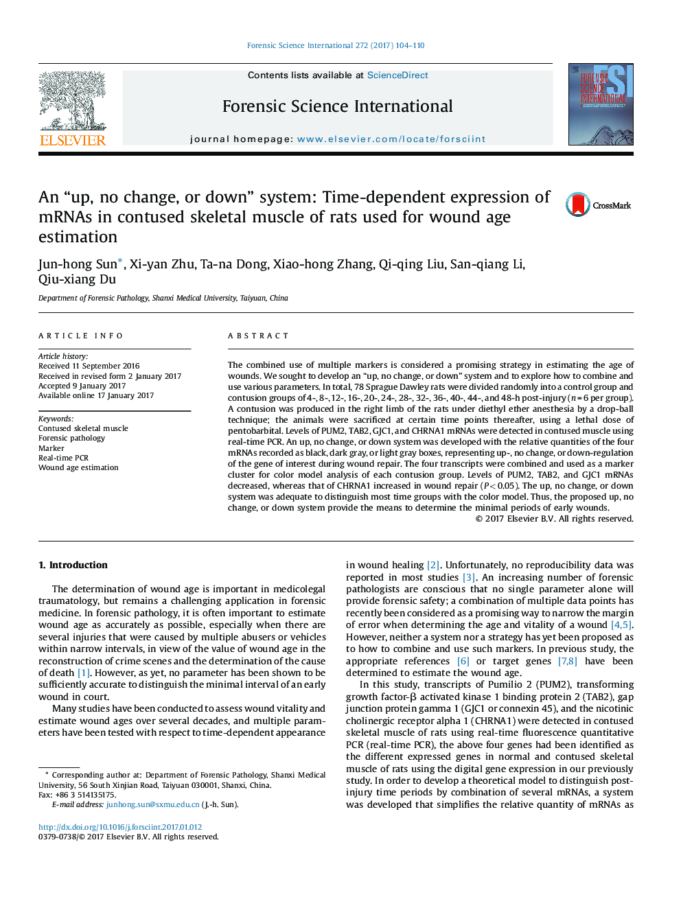 An “up, no change, or down” system: Time-dependent expression of mRNAs in contused skeletal muscle of rats used for wound age estimation