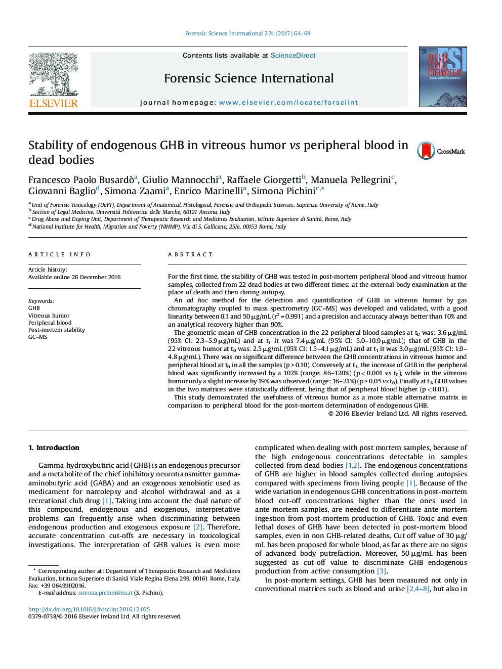 Stability of endogenous GHB in vitreous humor vs peripheral blood in dead bodies