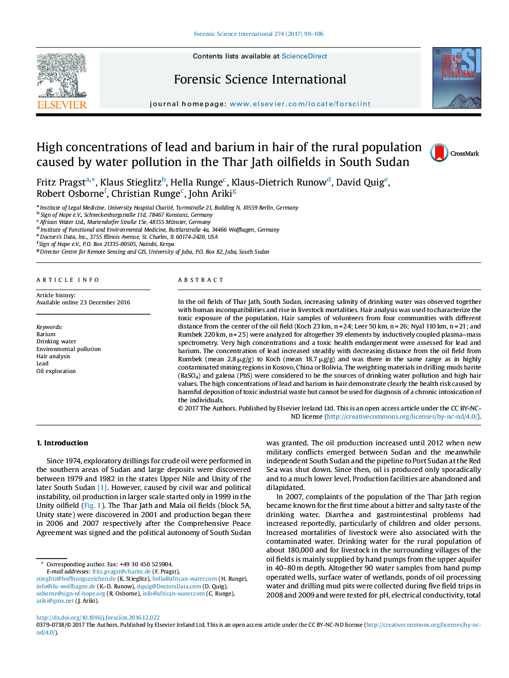 High concentrations of lead and barium in hair of the rural population caused by water pollution in the Thar Jath oilfields in South Sudan