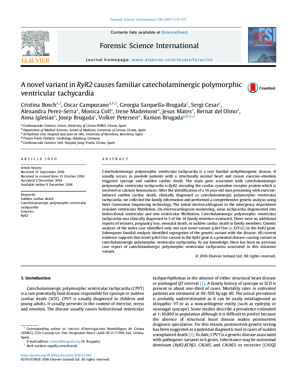 A novel variant in RyR2 causes familiar catecholaminergic polymorphic ventricular tachycardia