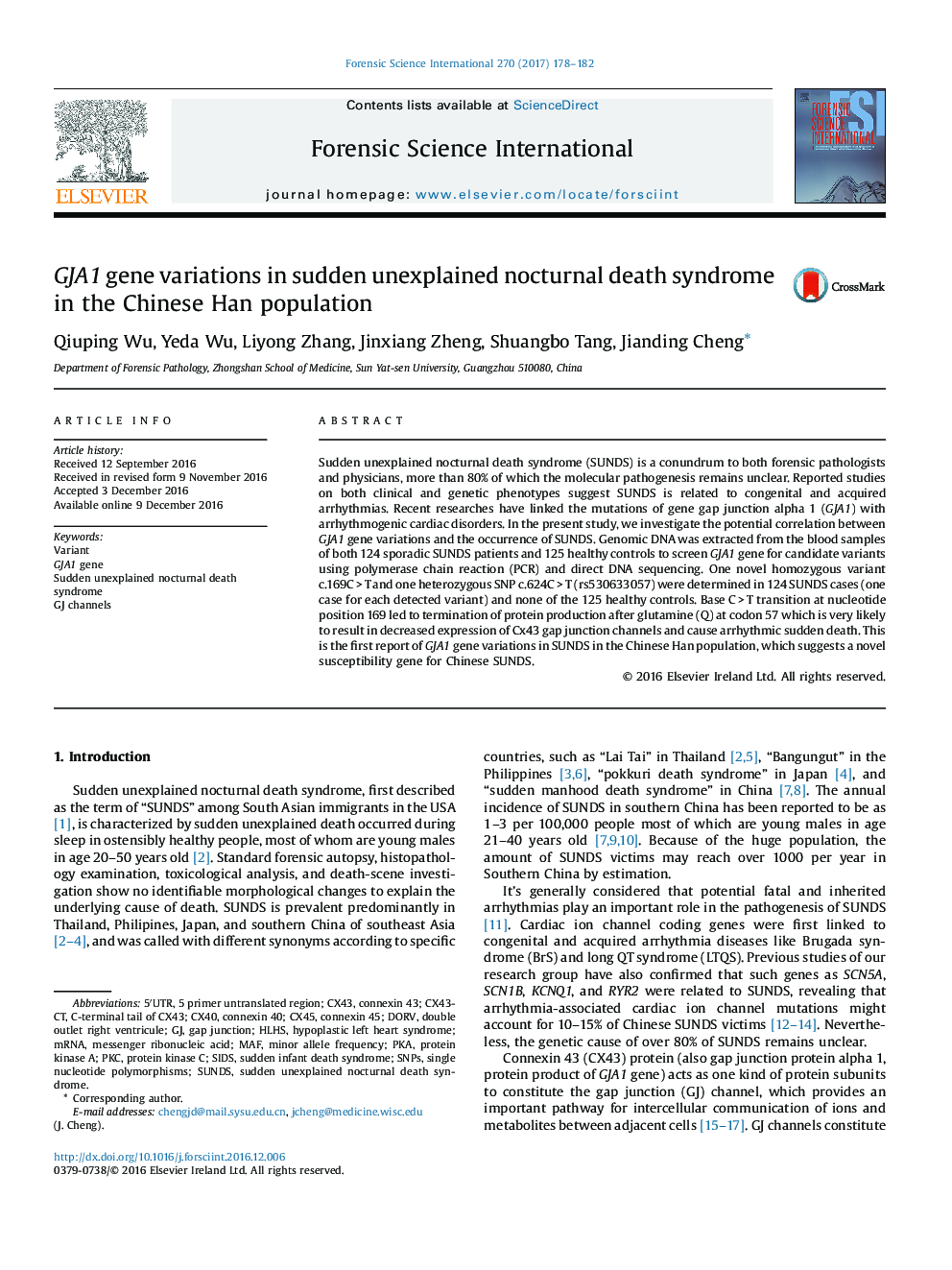 GJA1 gene variations in sudden unexplained nocturnal death syndrome in the Chinese Han population