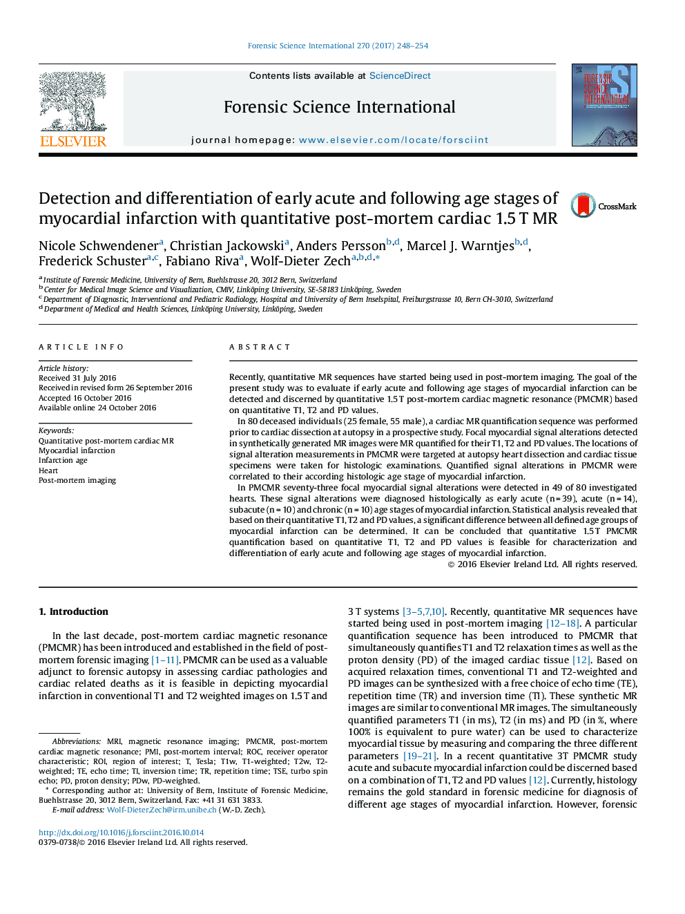 Detection and differentiation of early acute and following age stages of myocardial infarction with quantitative post-mortem cardiac 1.5 T MR