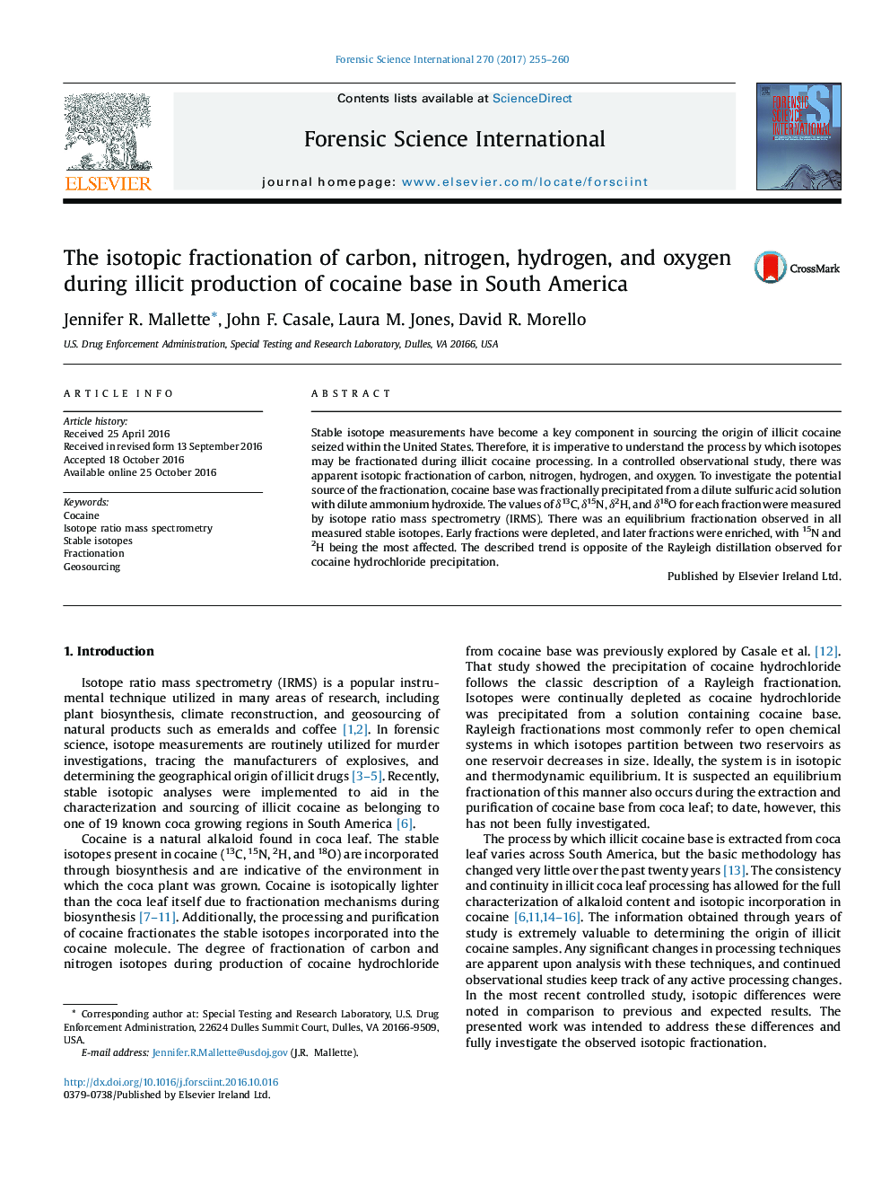 The isotopic fractionation of carbon, nitrogen, hydrogen, and oxygen during illicit production of cocaine base in South America