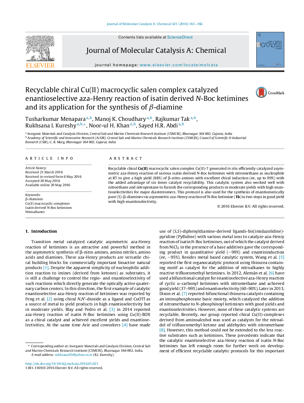 Recyclable chiral Cu(II) macrocyclic salen complex catalyzed enantioselective aza-Henry reaction of isatin derived N-Boc ketimines and its application for the synthesis of β-diamine