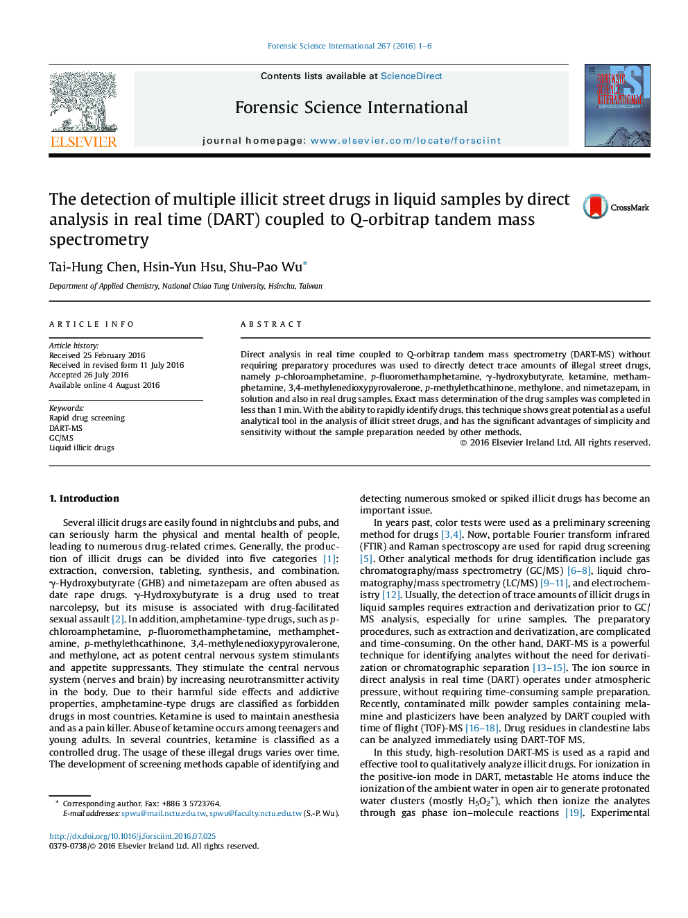 The detection of multiple illicit street drugs in liquid samples by direct analysis in real time (DART) coupled to Q-orbitrap tandem mass spectrometry