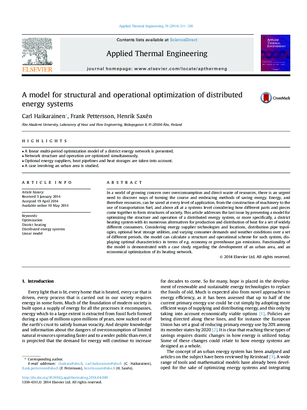 A model for structural and operational optimization of distributed energy systems