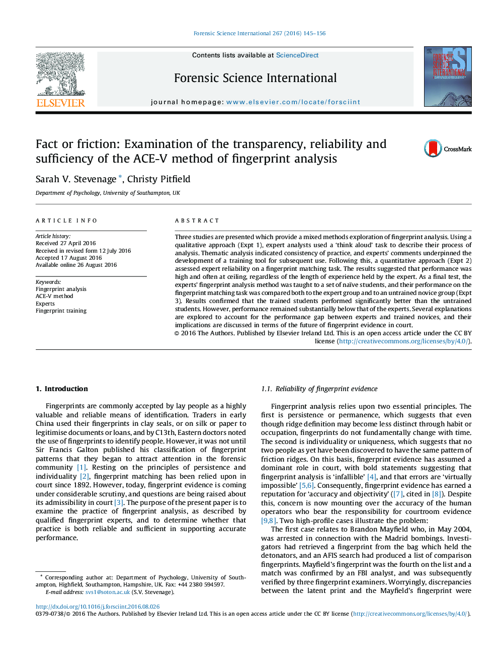 Fact or friction: Examination of the transparency, reliability and sufficiency of the ACE-V method of fingerprint analysis