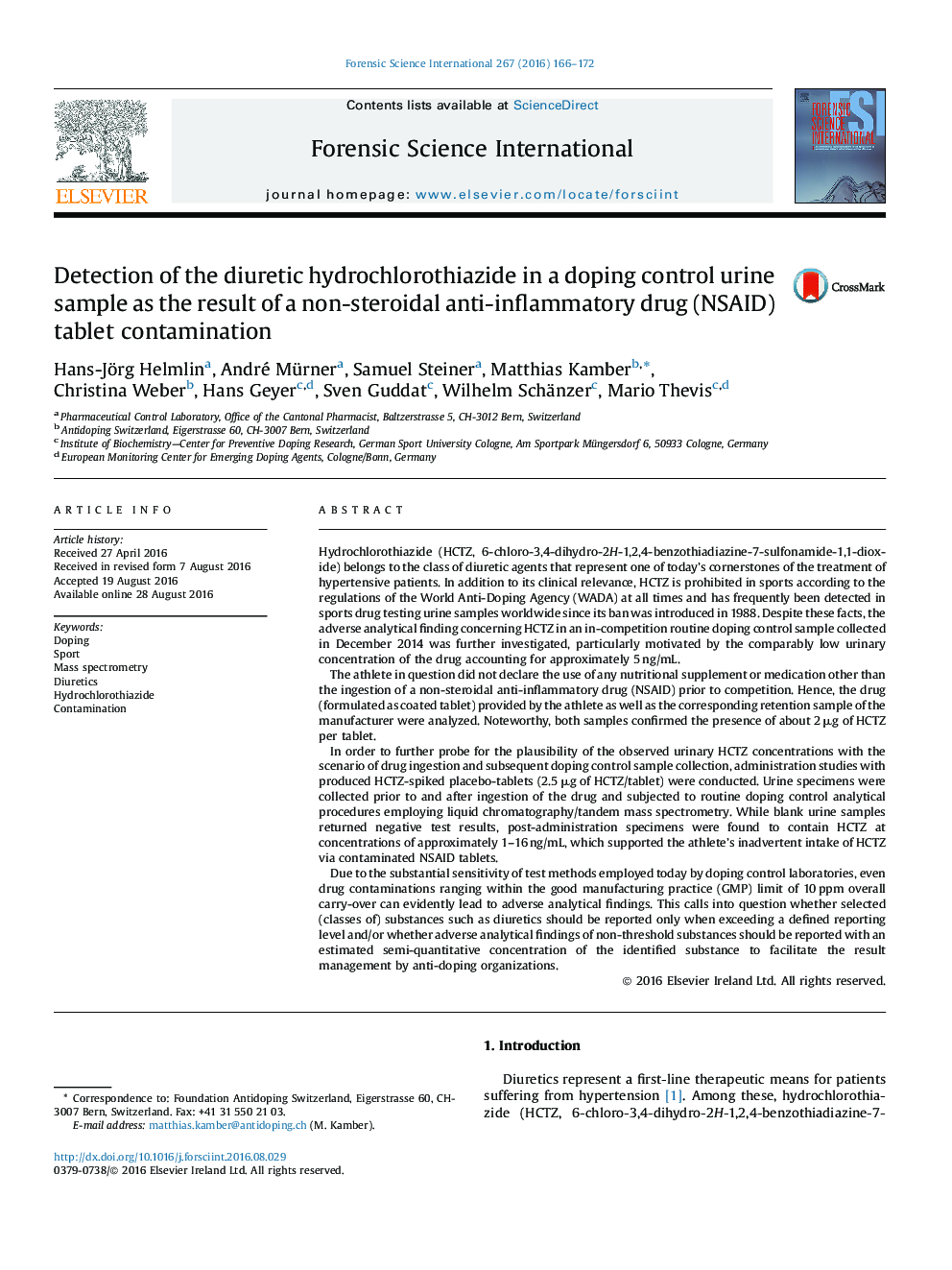 Detection of the diuretic hydrochlorothiazide in a doping control urine sample as the result of a non-steroidal anti-inflammatory drug (NSAID) tablet contamination