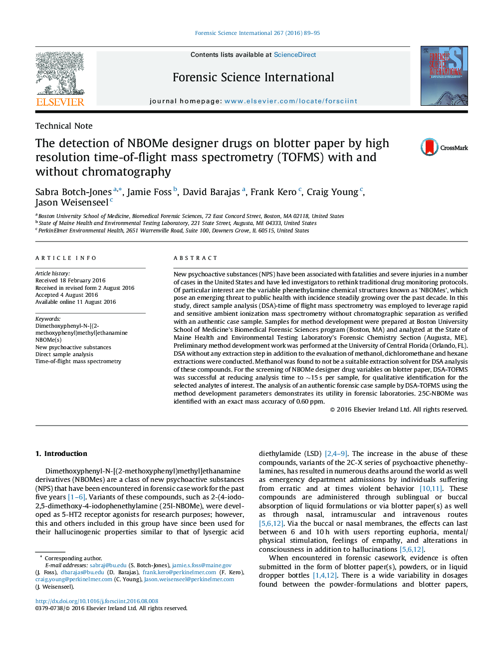 The detection of NBOMe designer drugs on blotter paper by high resolution time-of-flight mass spectrometry (TOFMS) with and without chromatography