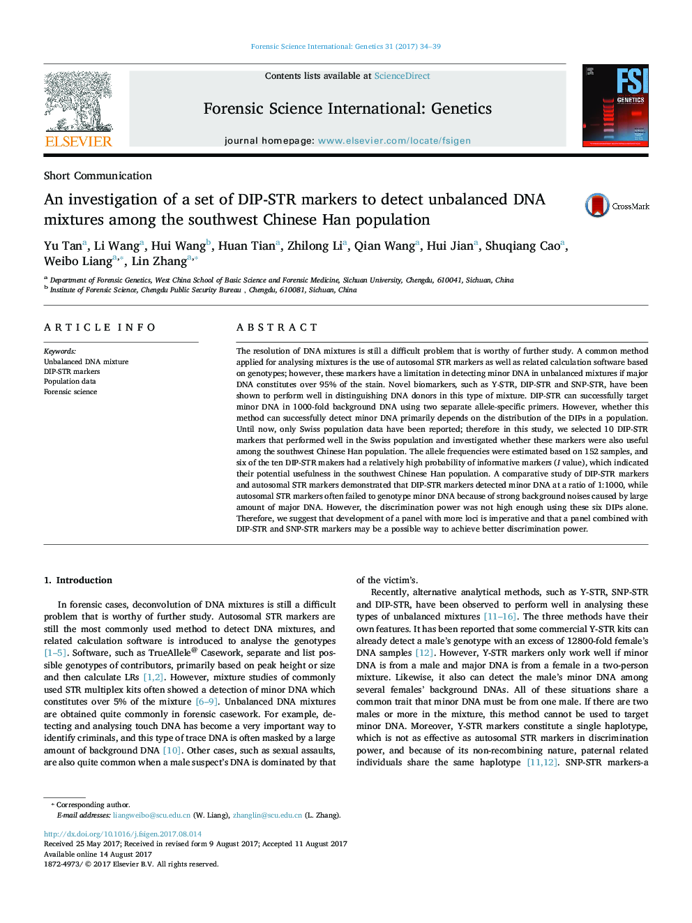 An investigation of a set of DIP-STR markers to detect unbalanced DNA mixtures among the southwest Chinese Han population