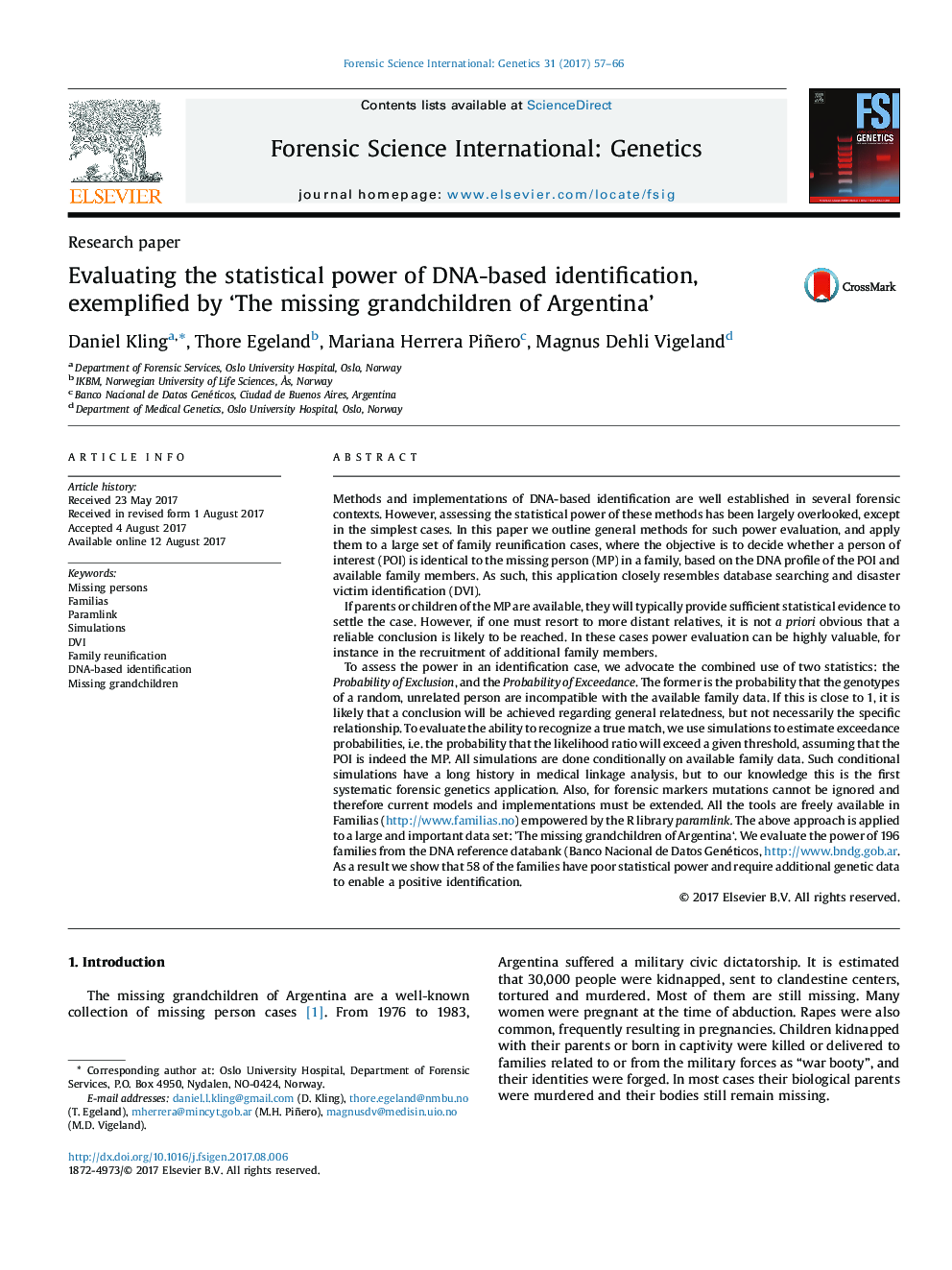 Evaluating the statistical power of DNA-based identification, exemplified by 'The missing grandchildren of Argentina'