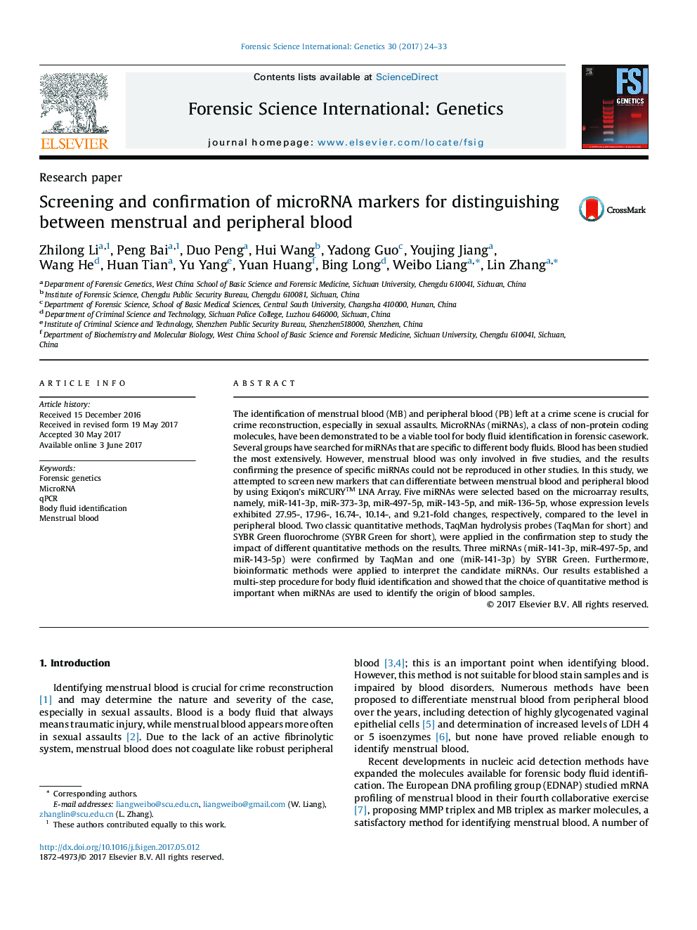 Screening and confirmation of microRNA markers for distinguishing between menstrual and peripheral blood