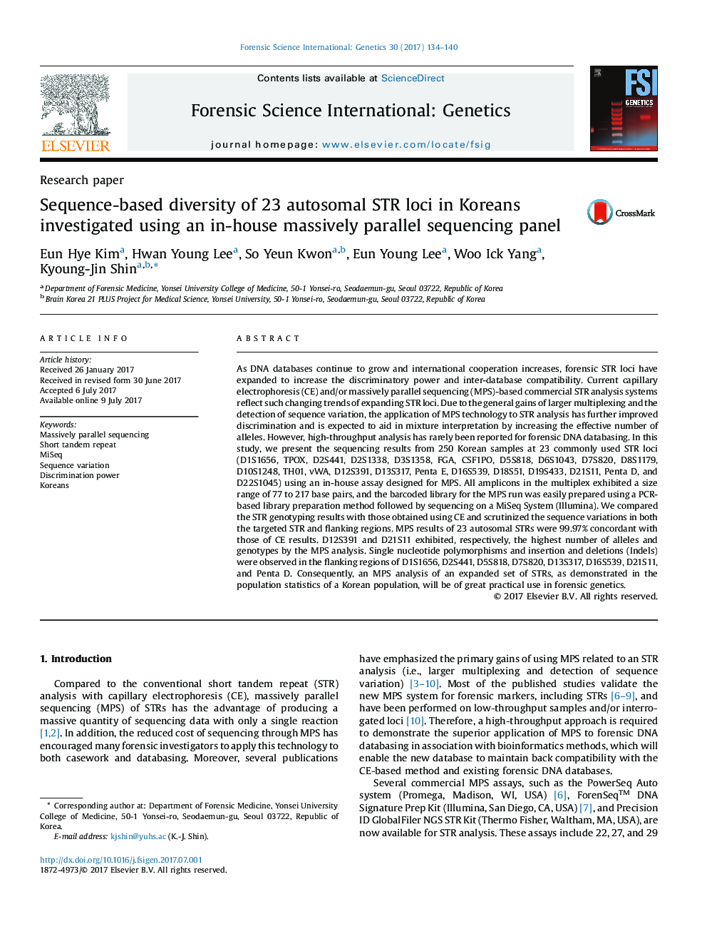 Sequence-based diversity of 23 autosomal STR loci in Koreans investigated using an in-house massively parallel sequencing panel