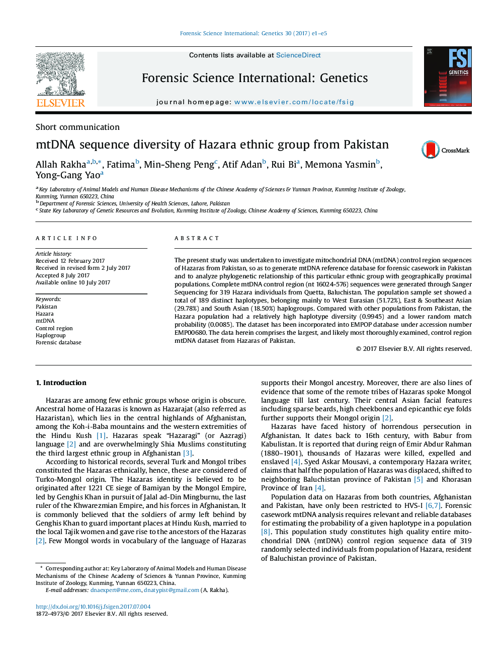 mtDNA sequence diversity of Hazara ethnic group from Pakistan