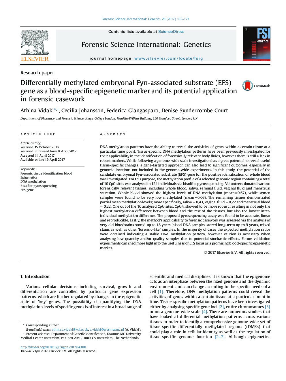 Differentially methylated embryonal Fyn-associated substrate (EFS) gene as a blood-specific epigenetic marker and its potential application in forensic casework