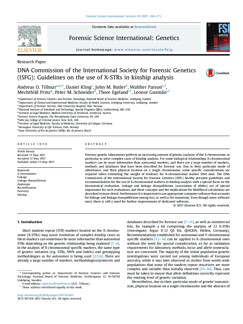 DNA Commission of the International Society for Forensic Genetics (ISFG): Guidelines on the use of X-STRs in kinship analysis