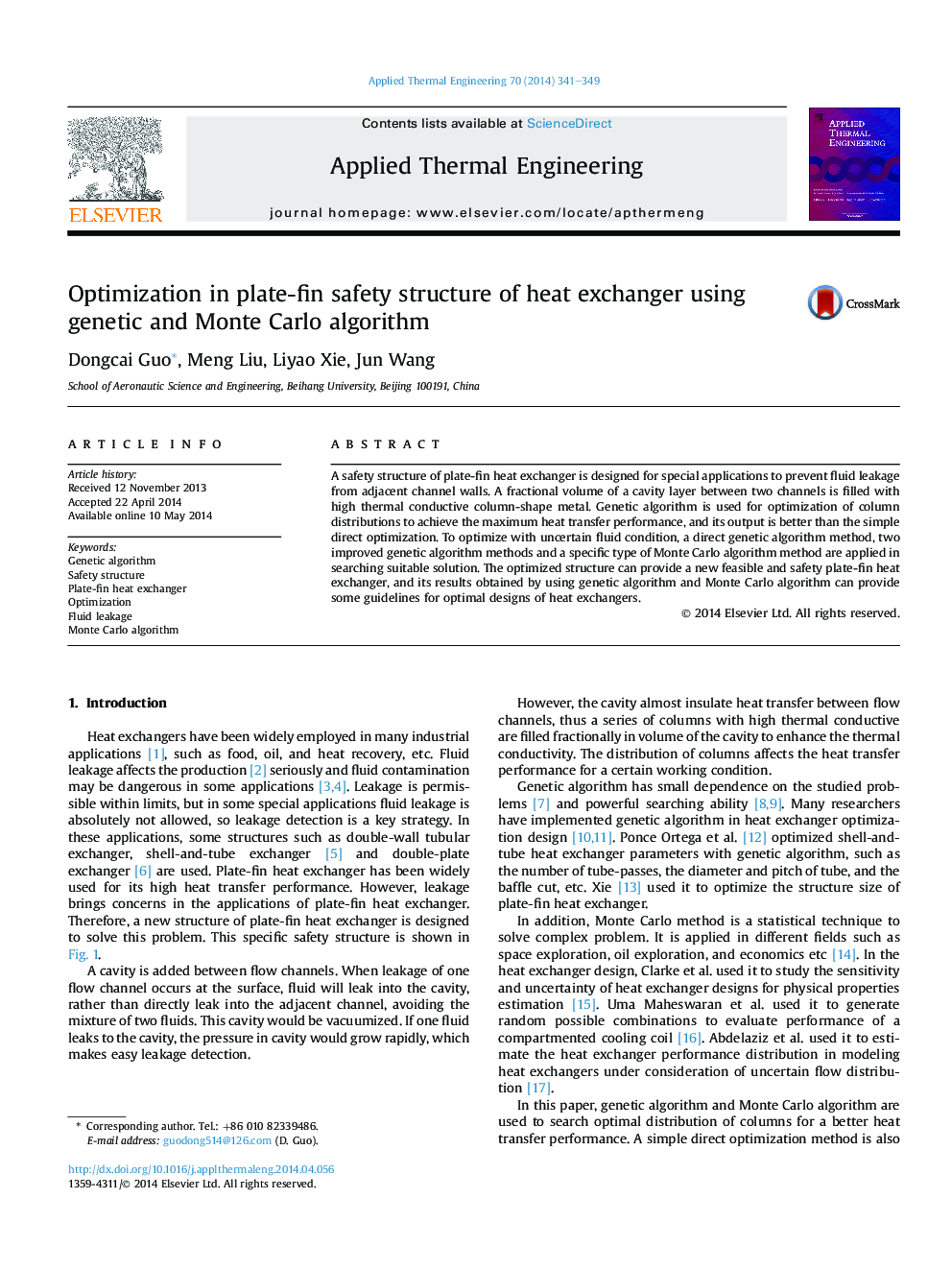 Optimization in plate-fin safety structure of heat exchanger using genetic and Monte Carlo algorithm