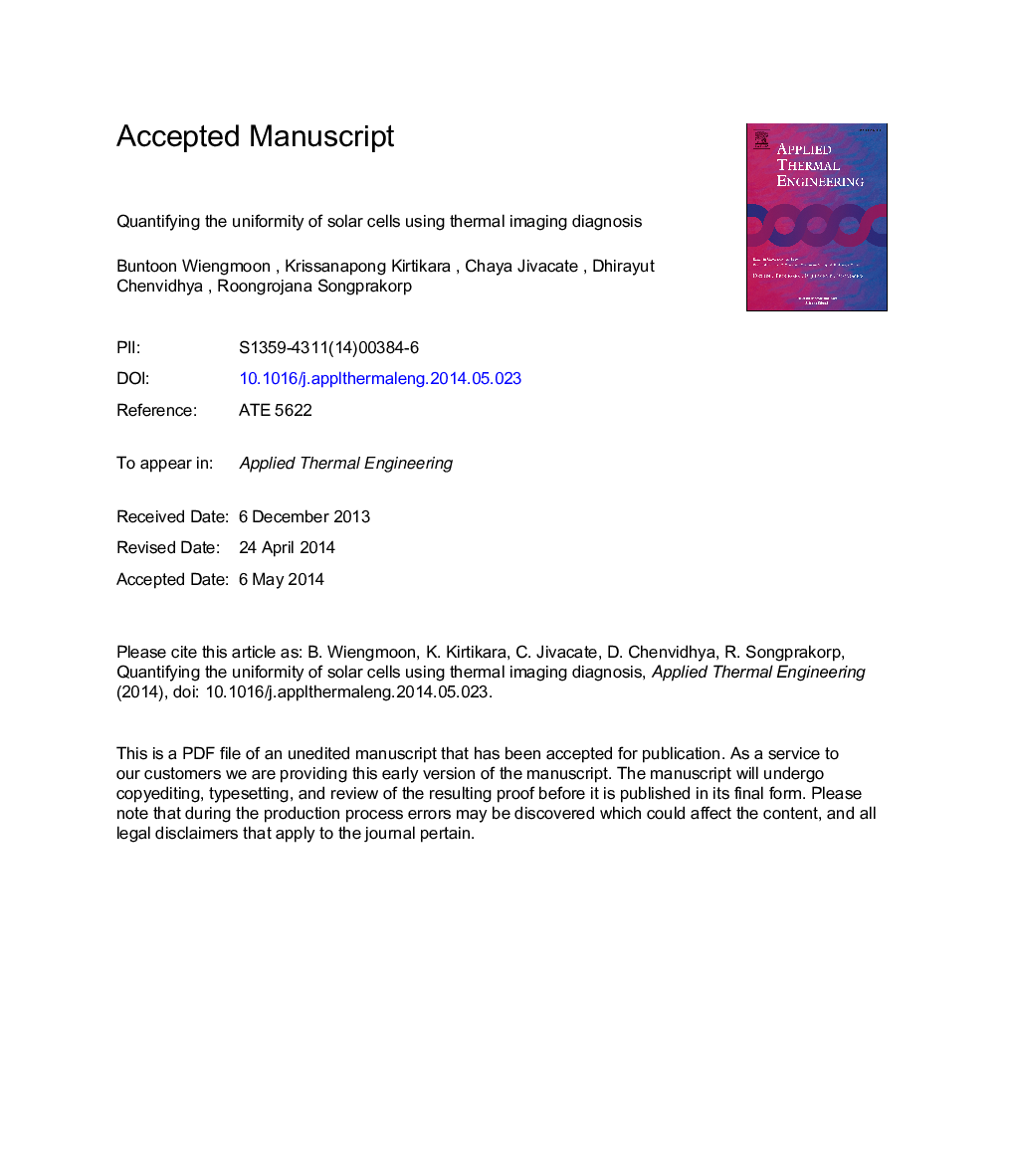 عکس صفحه اول مقاله: Quantifying the uniformity of solar cells using thermal imaging diagnosis Quantifying the uniformity of solar cells using thermal imaging diagnosis