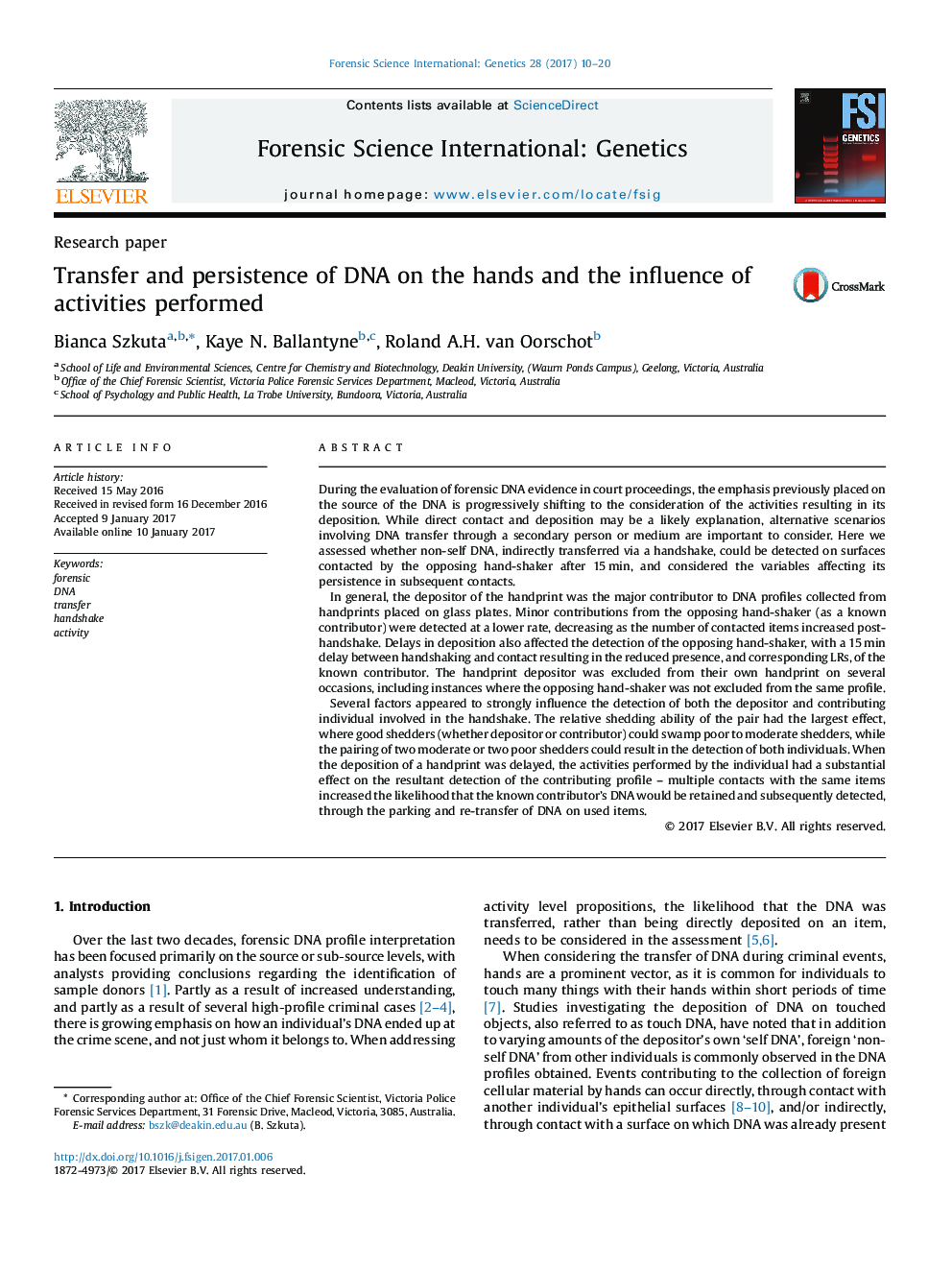 Transfer and persistence of DNA on the hands and the influence of activities performed