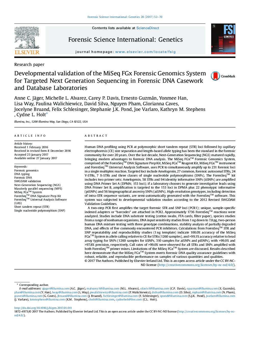 Developmental validation of the MiSeq FGx Forensic Genomics System for Targeted Next Generation Sequencing in Forensic DNA Casework and Database Laboratories