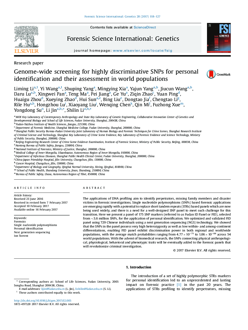 Genome-wide screening for highly discriminative SNPs for personal identification and their assessment in world populations