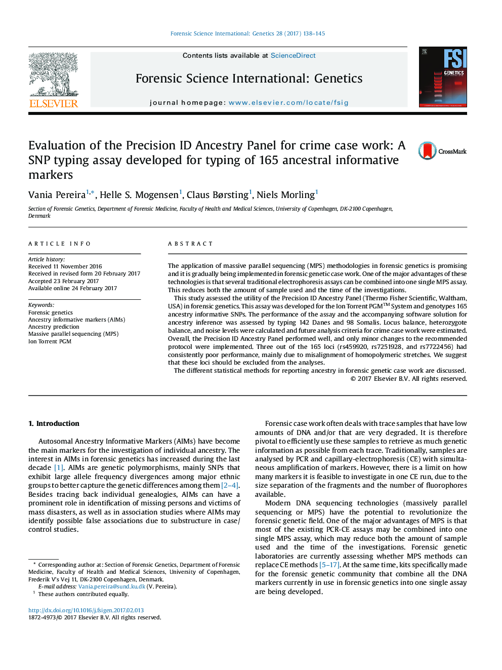 Evaluation of the Precision ID Ancestry Panel for crime case work: A SNP typing assay developed for typing of 165 ancestral informative markers