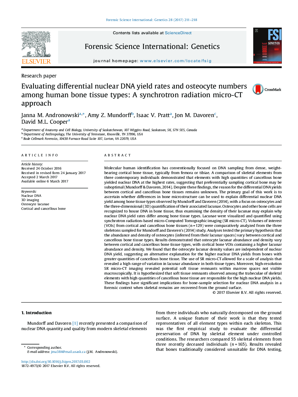 عکس صفحه اول مقاله: Evaluating differential nuclear DNA yield rates and osteocyte numbers among human bone tissue types: A synchrotron radiation micro-CT approach Evaluating differential nuclear DNA yield rates and osteocyte numbers among human bone tissue types: A synchrotron radiation micro-CT approach