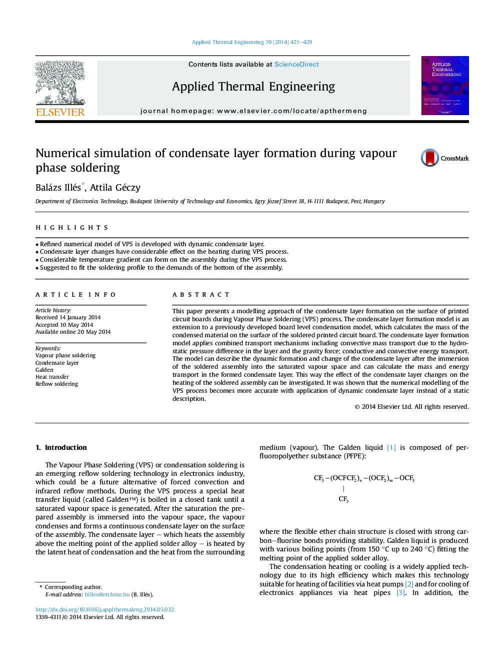 Numerical simulation of condensate layer formation during vapour phase soldering