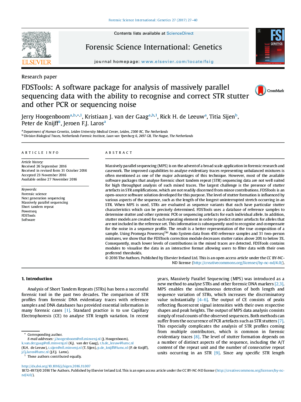 FDSTools: A software package for analysis of massively parallel sequencing data with the ability to recognise and correct STR stutter and other PCR or sequencing noise