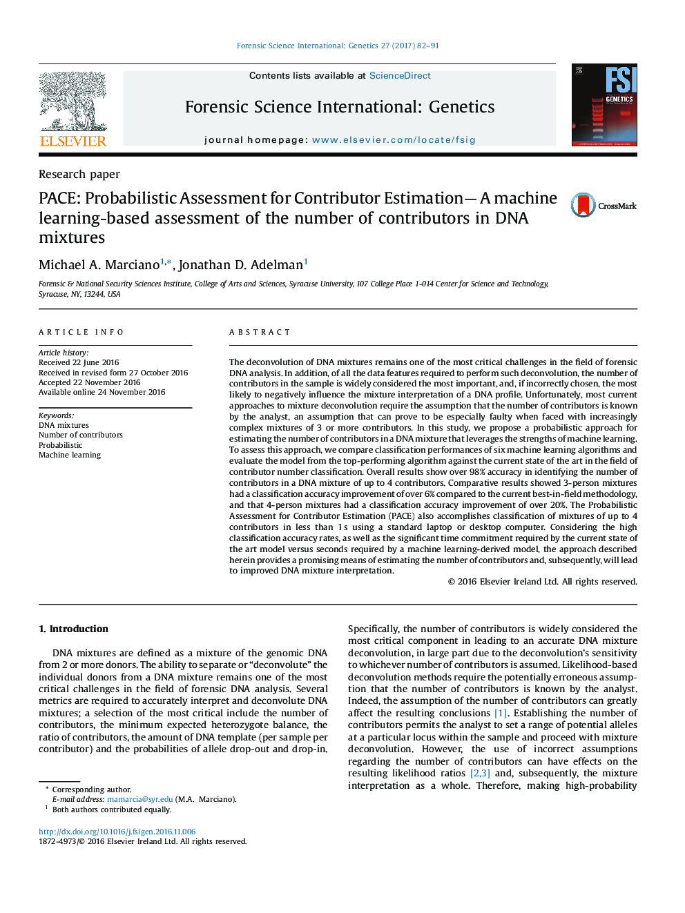 PACE: Probabilistic Assessment for Contributor Estimation- A machine learning-based assessment of the number of contributors in DNA mixtures