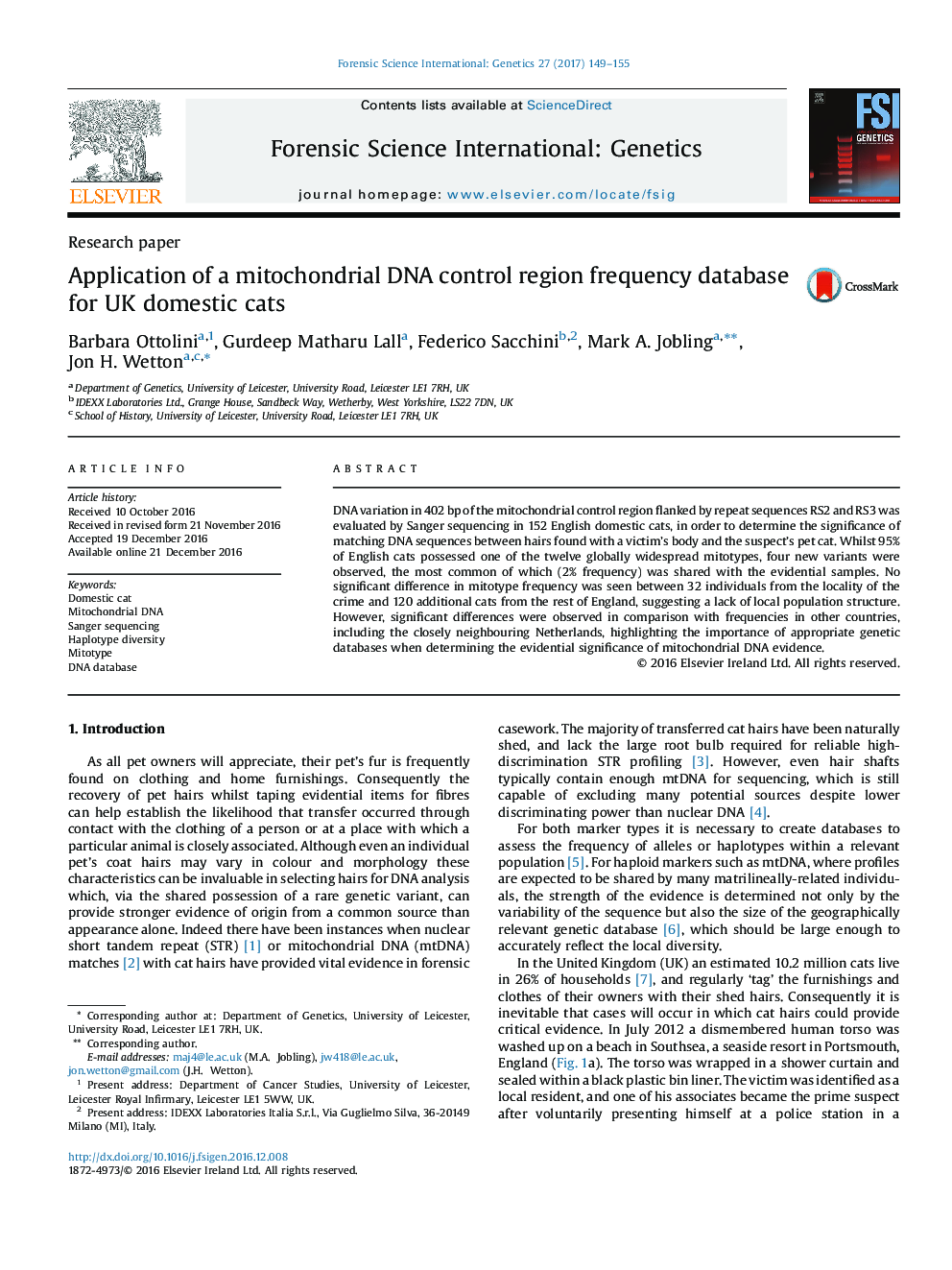 عکس صفحه اول مقاله: Application of a mitochondrial DNA control region frequency database for UK domestic cats Application of a mitochondrial DNA control region frequency database for UK domestic cats