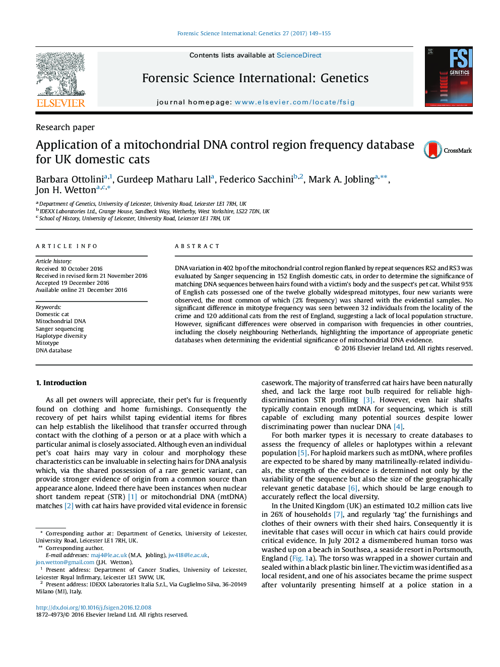 Application of a mitochondrial DNA control region frequency database for UK domestic cats