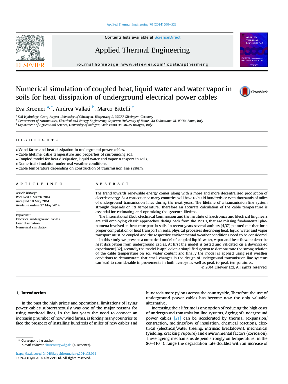 Numerical simulation of coupled heat, liquid water and water vapor in soils for heat dissipation of underground electrical power cables