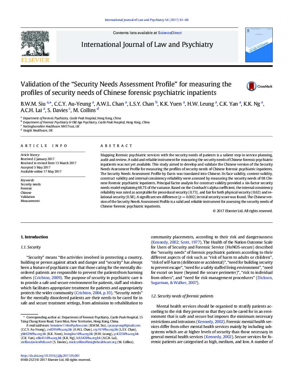 Validation of the “Security Needs Assessment Profile” for measuring the profiles of security needs of Chinese forensic psychiatric inpatients