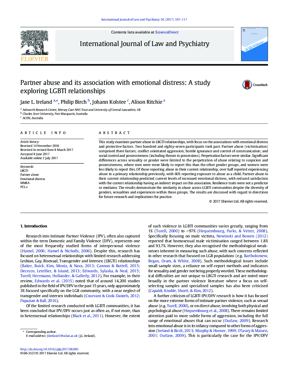 Partner abuse and its association with emotional distress: A study exploring LGBTI relationships