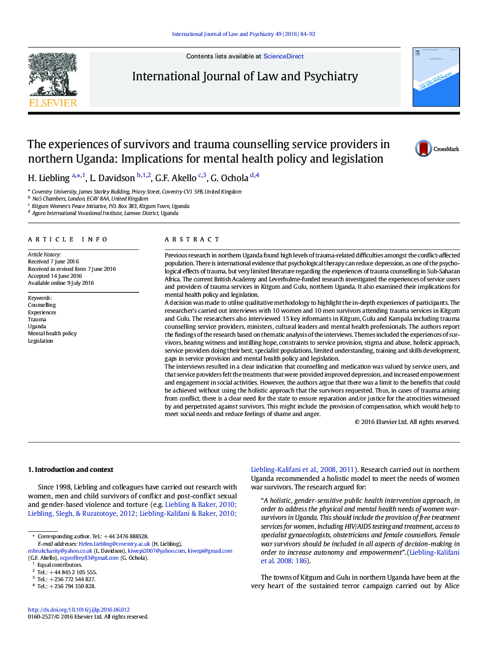 The experiences of survivors and trauma counselling service providers in northern Uganda: Implications for mental health policy and legislation