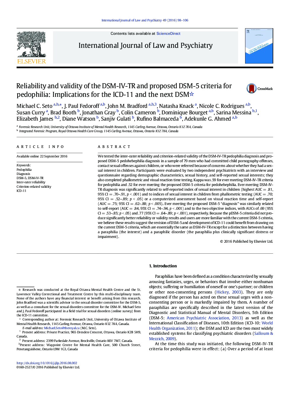 Reliability and validity of the DSM-IV-TR and proposed DSM-5 criteria for pedophilia: Implications for the ICD-11 and the next DSM