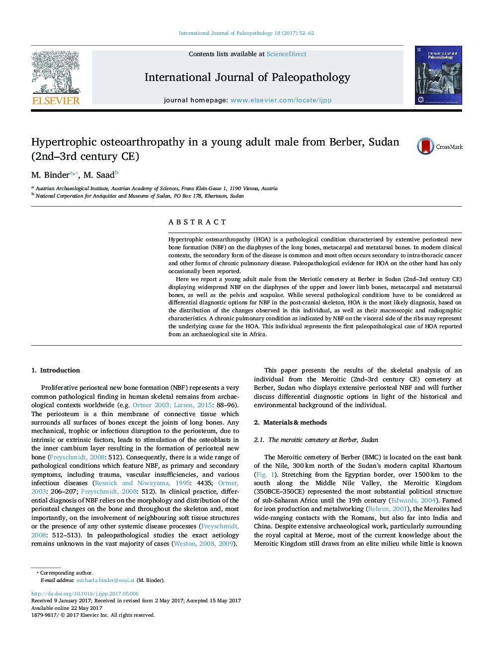 Hypertrophic osteoarthropathy in a young adult male from Berber, Sudan (2nd-3rd century CE)