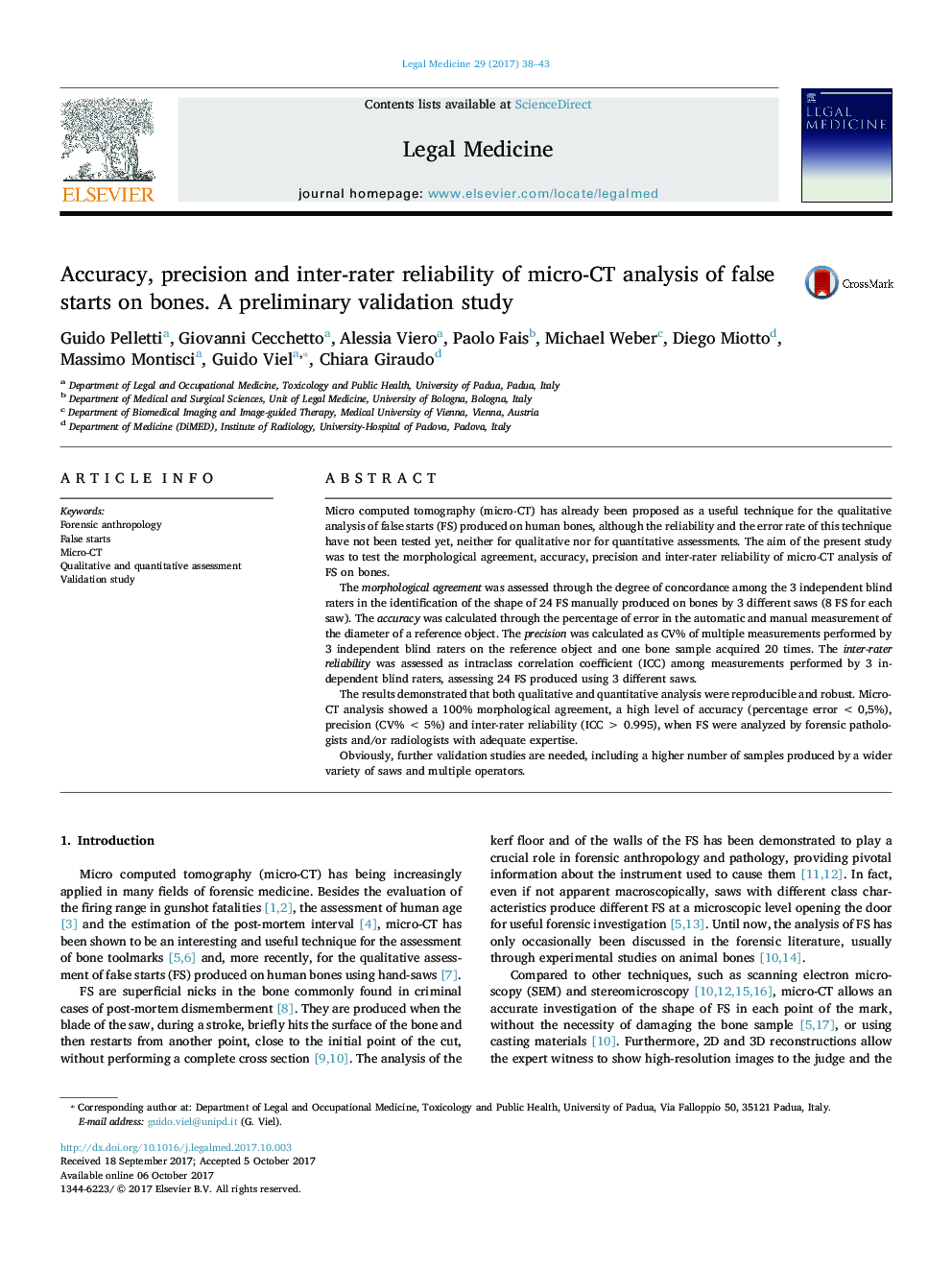 Accuracy, precision and inter-rater reliability of micro-CT analysis of false starts on bones. A preliminary validation study