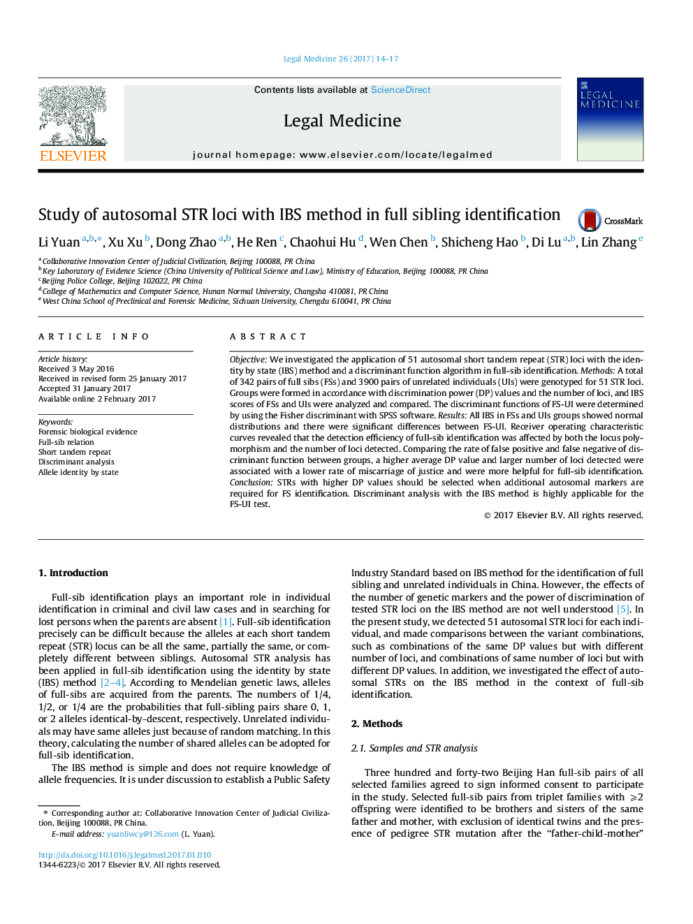 Study of autosomal STR loci with IBS method in full sibling identification