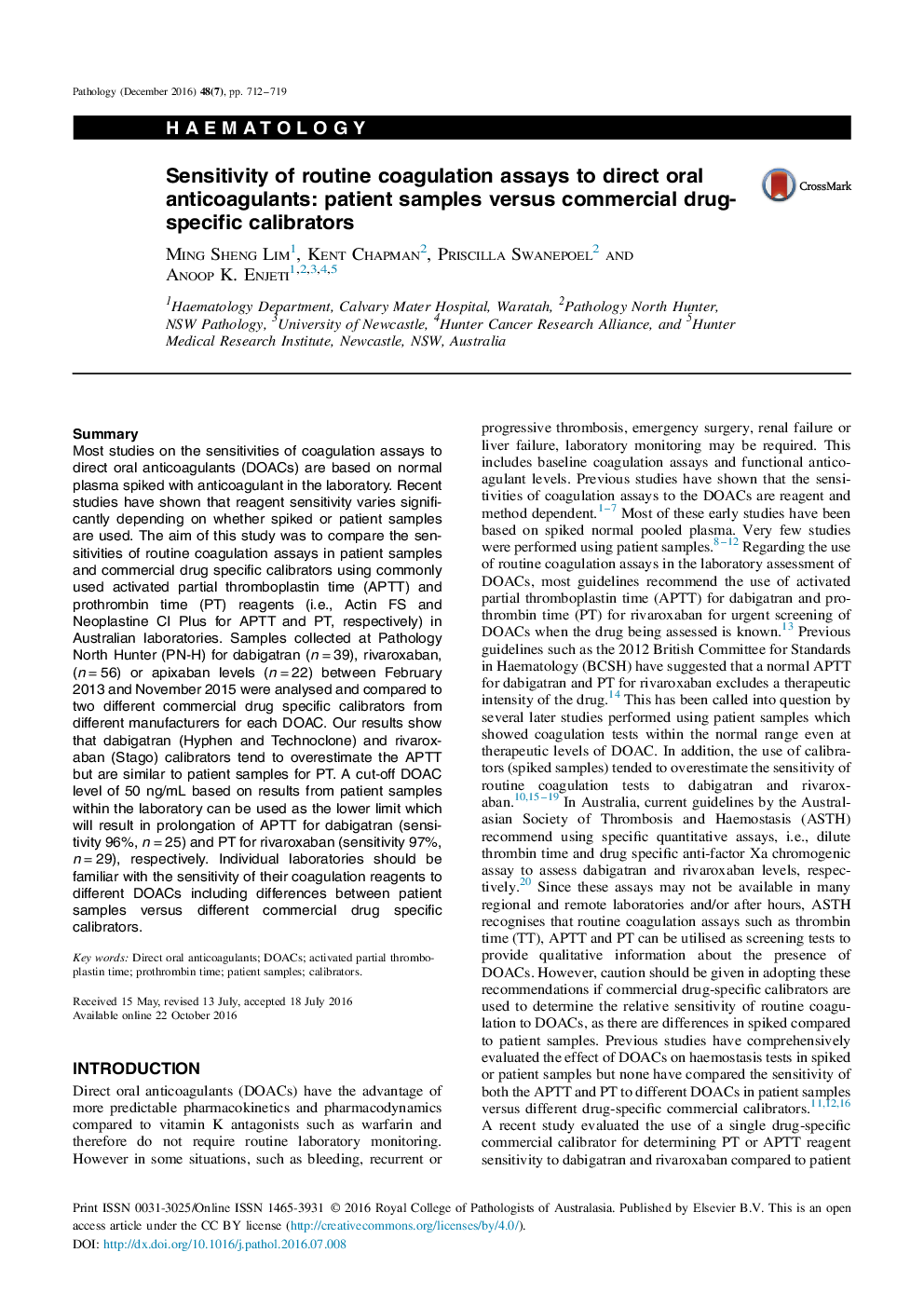 Sensitivity of routine coagulation assays to direct oral anticoagulants: patient samples versus commercial drug-specific calibrators