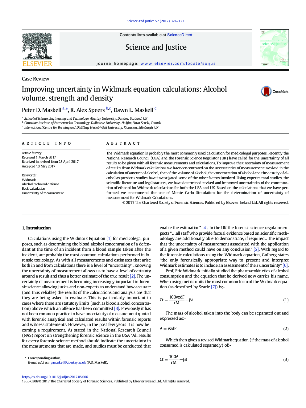 Improving uncertainty in Widmark equation calculations: Alcohol volume, strength and density