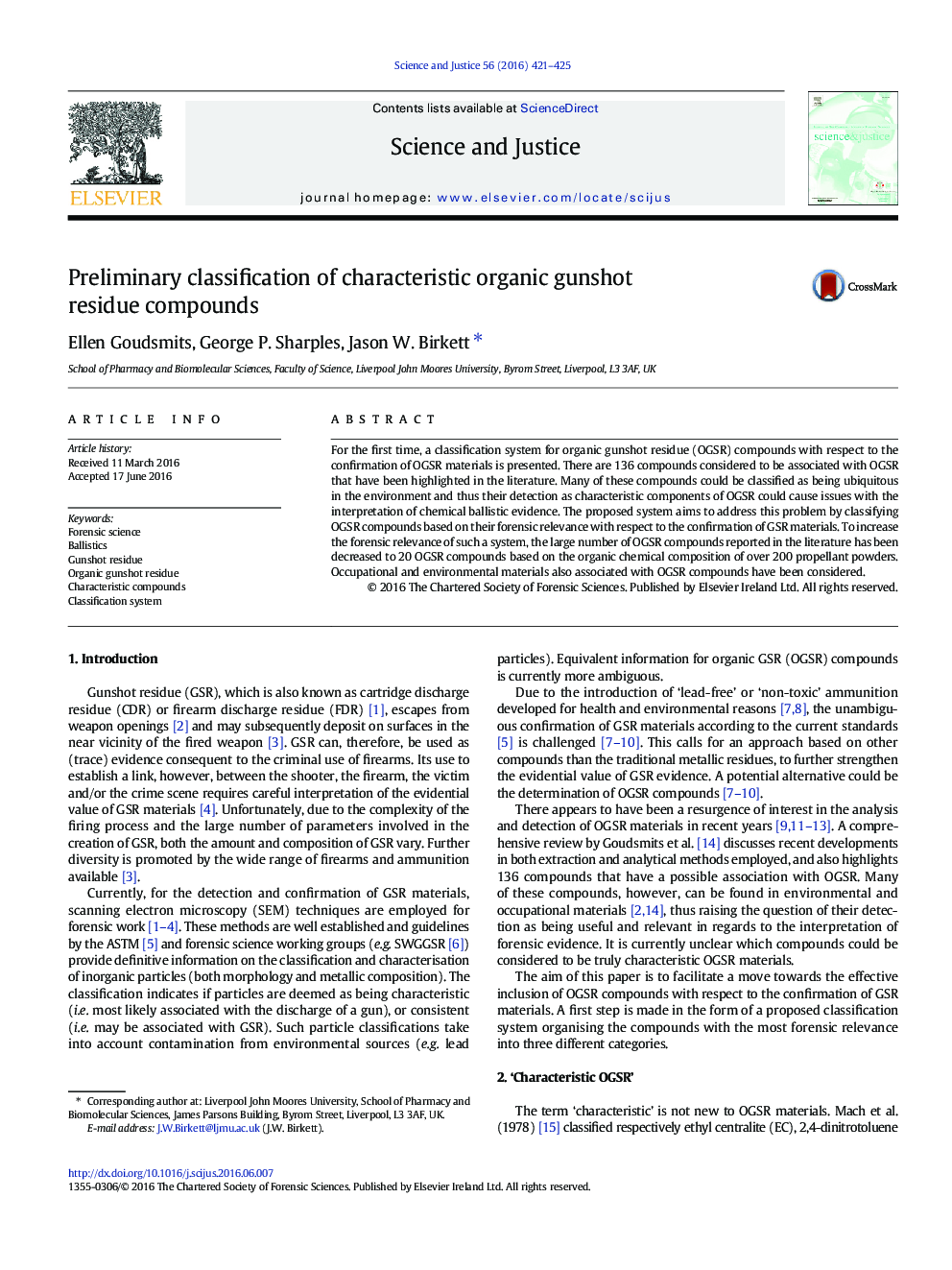 Preliminary classification of characteristic organic gunshot residue compounds