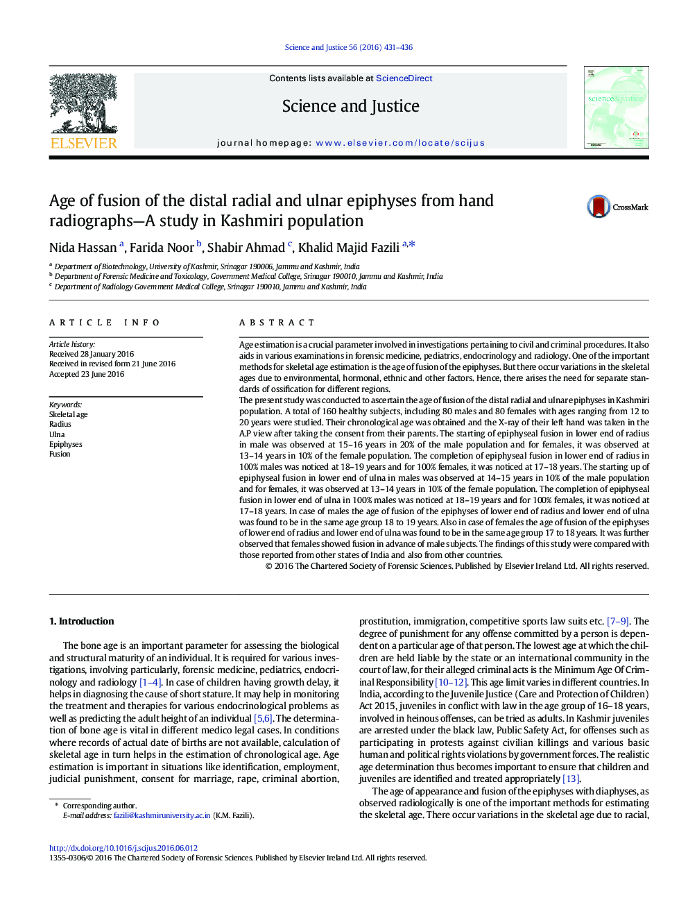 Age of fusion of the distal radial and ulnar epiphyses from hand radiographs-A study in Kashmiri population