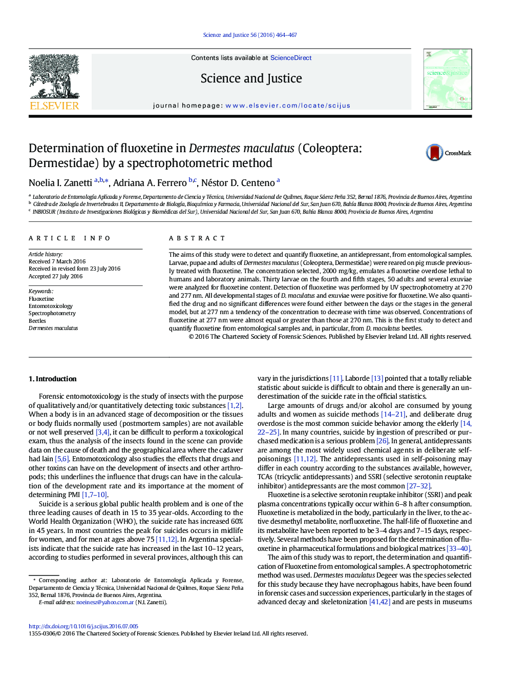 Determination of fluoxetine in Dermestes maculatus (Coleoptera: Dermestidae) by a spectrophotometric method