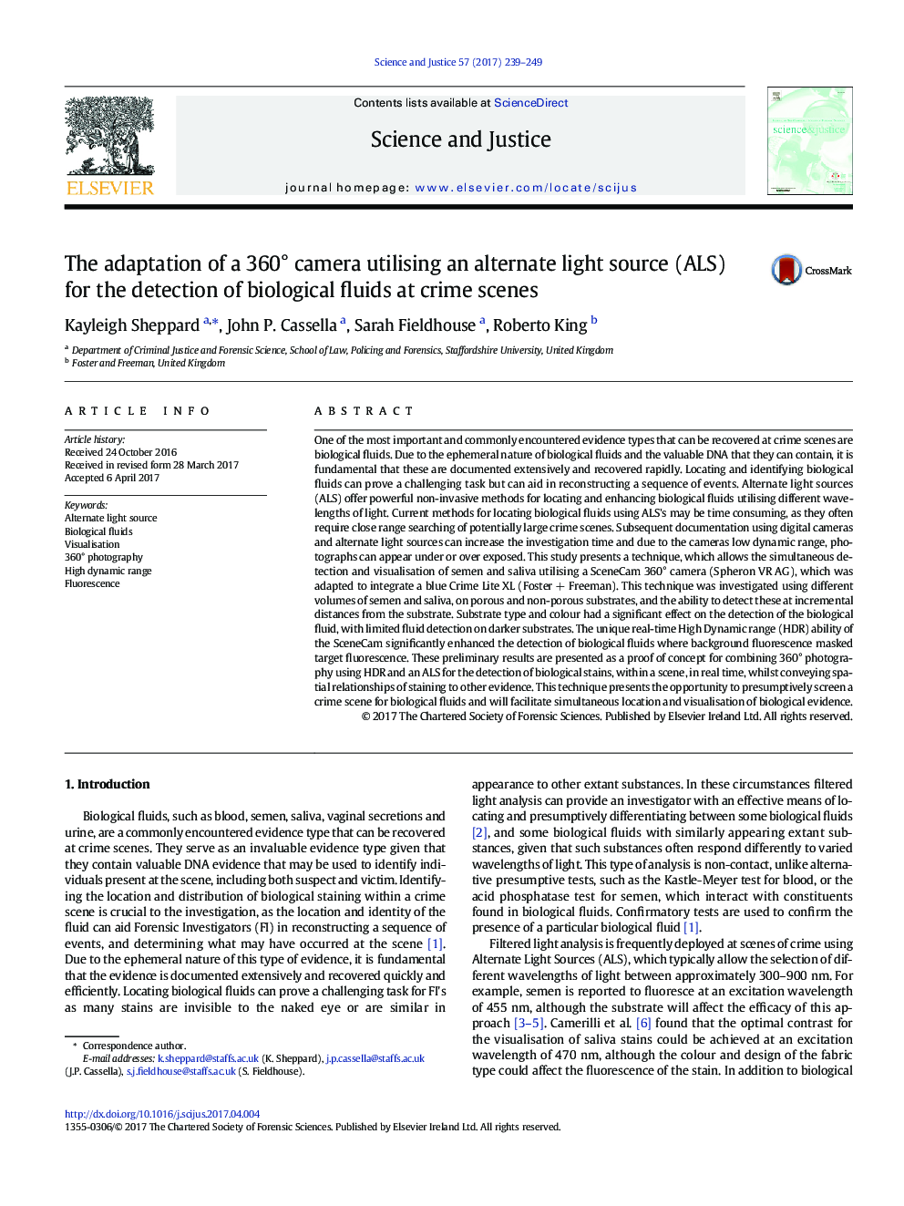 The adaptation of a 360Â° camera utilising an alternate light source (ALS) for the detection of biological fluids at crime scenes